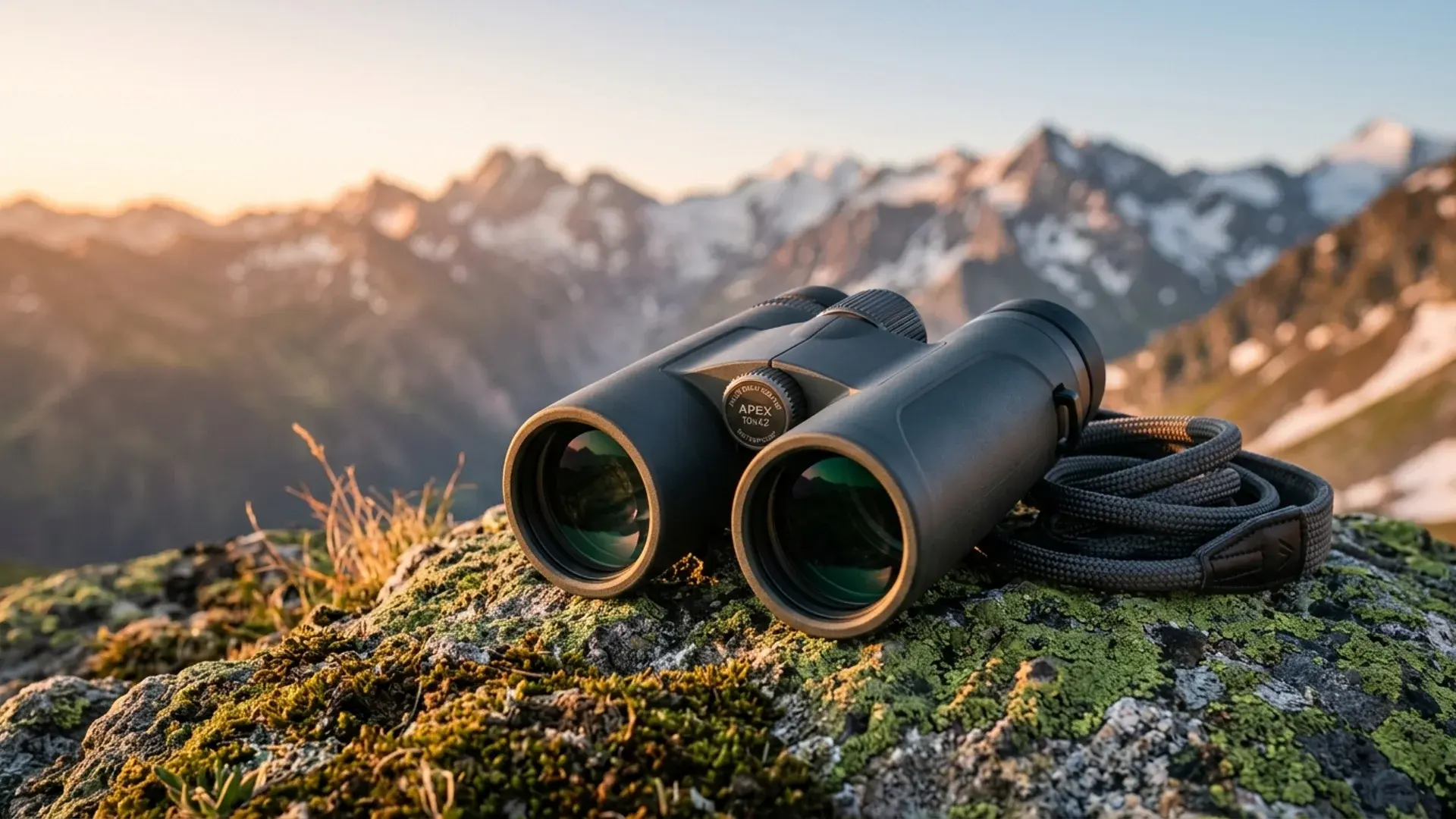 Binoculars resting on an alpine ridge with sunlit mountain peaks in the distance
