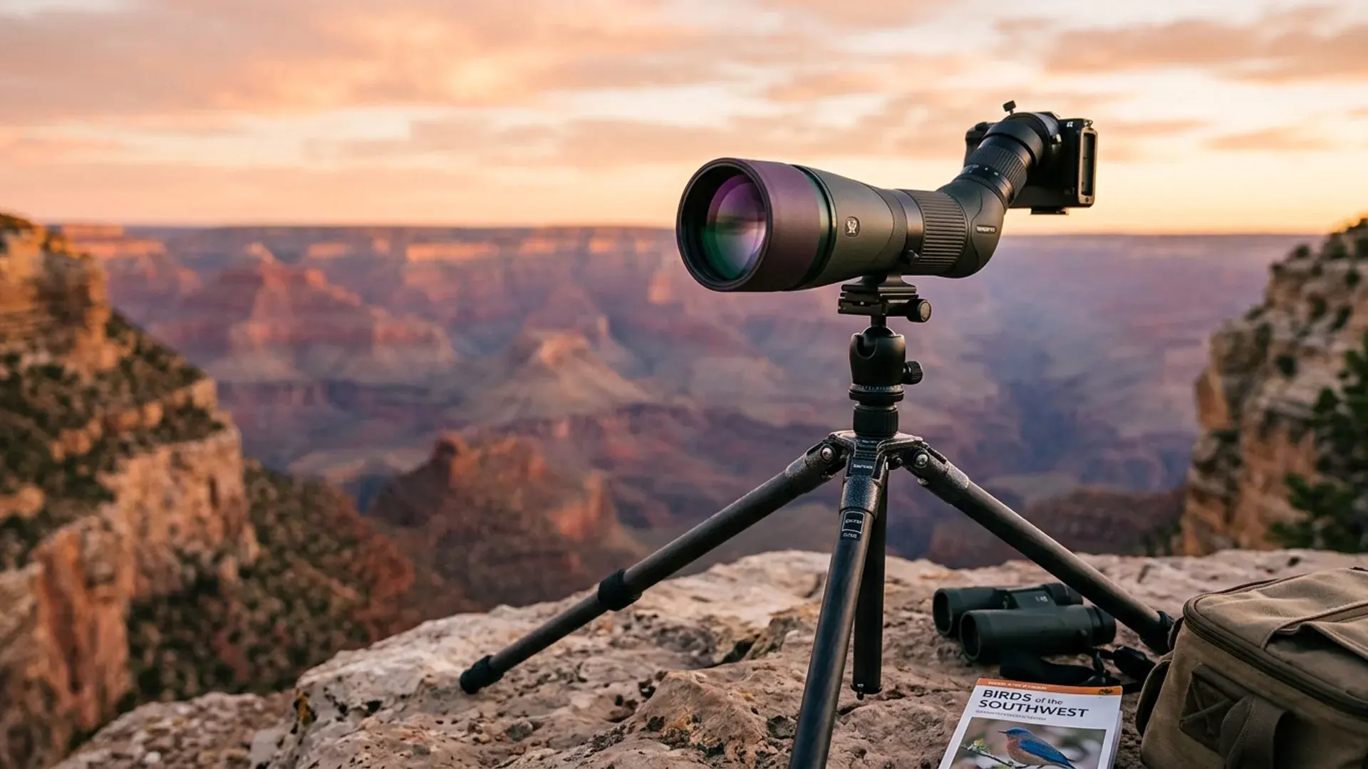 Spotting scope overlooking a vast rocky mountain landscape at sunset